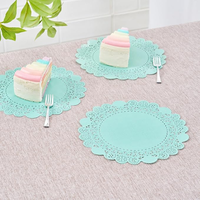 Pastry Tek 8 x 8 Inch Paper Lace Doilies, 100 Disposable Table Doilies - Elegant Lace Finish, Long Lasting, Teal Paper Doily, for Pastries, Cupcakes, Desserts - Restaurantware