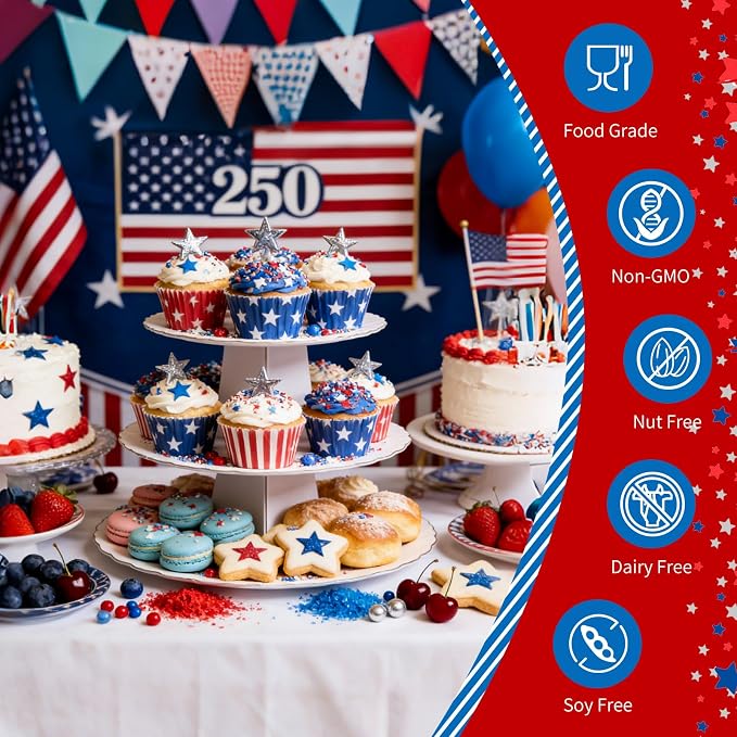 Patriotic Sprinkles for Cake Decorating,6 Cell-6.7oz,July 4th Edible Sprinkle Baking Decorations,Blue Red White Silver Pearls Nonpareils Confetti and Stars-Shape Sanding Sugar Mix,for Cookies,Ice Cream,Fondant Cake,Cupcakes,Desserts Decorating,May Day,...