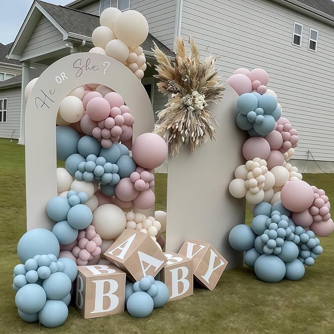 Gender Reveal Balloon Arch Kit 115Pcs Dusty Pink and Blue Balloon Garland Boho Retro Blush Peach Cream Ivory Sand White Birthday Party Balloons for Boy or Girl Baby Shower Bridal Bear Decorations