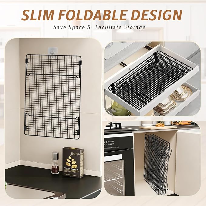 Stackable Cooling Racks 3-Tier 17x11in with 100 Parchment Papers | Heavy duty wire baking rack for cookies, cake, pizza & bacon. Collapsible for storage. Includes 4x4in non-stick sheets.