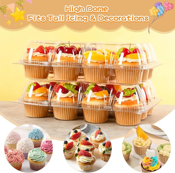 12 Pack x 12 Sets Plastic Cupcake Containers, Stackable Cupcake Boxes Holders with Tall Dome Lid, Disposable Clear Cupcake Carrier Trays for Bakery Transport