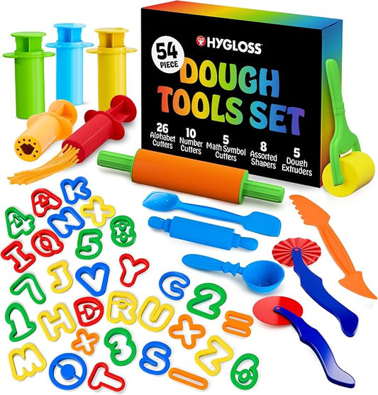 Hygloss 54 Pcs Dough Tools Set – Dough Cutters +Dough Extruders+Numbers & Alphabet Cutters Set – Educational Modeling Clay Tools – Preschool Toys & Toddler Activities – Arts & Crafts for Kids Ages 3-5