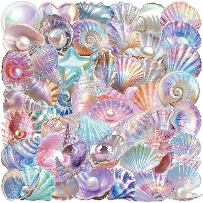 Seashell Stickers Pack, 50PCS PET Transparent Iridescent Conch Shell & Starfish Vinyl Decals, Waterproof Glittering Aesthetic Stickers for Scrapbooking, Water Bottle, Laptop, Phone Case Decor
