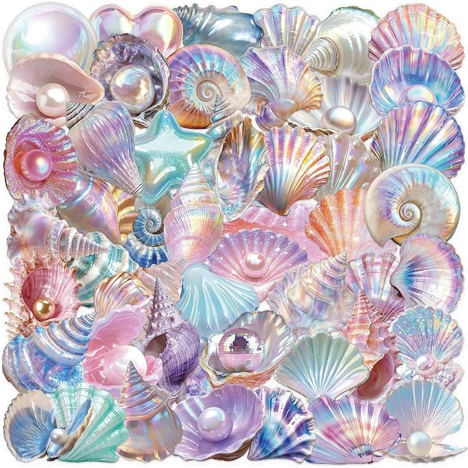 50 Pcs PET Transparent Seashell Stickers, Waterproof Vinyl Coastal Shell Decals for Laptop Skateboard Luggage, Colorful Beach Shell Stickers Gift for Kids Teens Adults (Shell)
