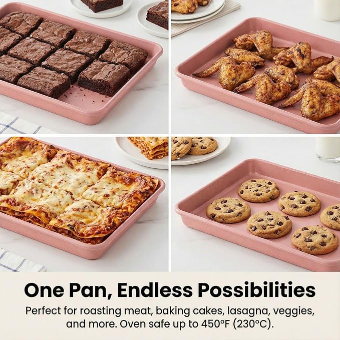 Toaster Oven Baking Pans Set of 3, Small 11x9 Inch Pink Nonstick Sheet Pans for Compact Ovens, Quarter Sheet Size for Roasting Vegetables, Brownies & Small Batch Cooking