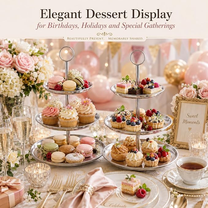 YOUNTHYE 2 Pack Silver Cupcake Stand, 3 Tier Stainless Steel Tiered Serving Tray, Dessert Display Stand for Cupcakes, Cookies, Fruit, Wedding, Birthday, Tea Party and Holiday Table