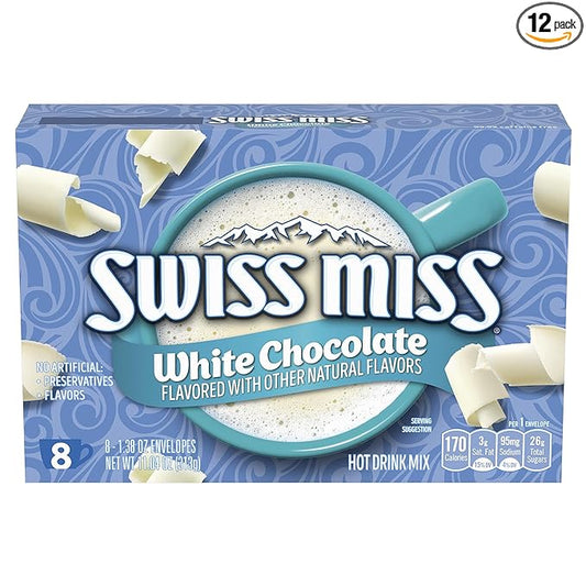 Swiss Miss White Chocolate Flavored Hot Drink Mix, Hot Cocoa Bar Supplies, 1.38 oz., 8-Count Envelopes (12 Boxes)