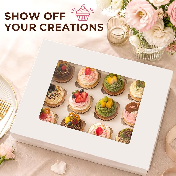 LotFancy 12 Pack Cupcake Boxes 12 Count, Holding 144 Cupcakes, White | Pre-Folded, Disposable, BPA Free, With Windows and Inserts, Food Grade Cupcake Holders for Birthday Holiday Party Bakery