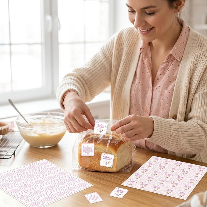 PANTIDE Cottage Food Law Labels Stickers - 1000 Count Baked with Love Adhesive Square Decal, Made in A Home Kitchen Inspection Statement for Bakery Small Business Packaging (1.5 x 1.5 Inch, Pink)