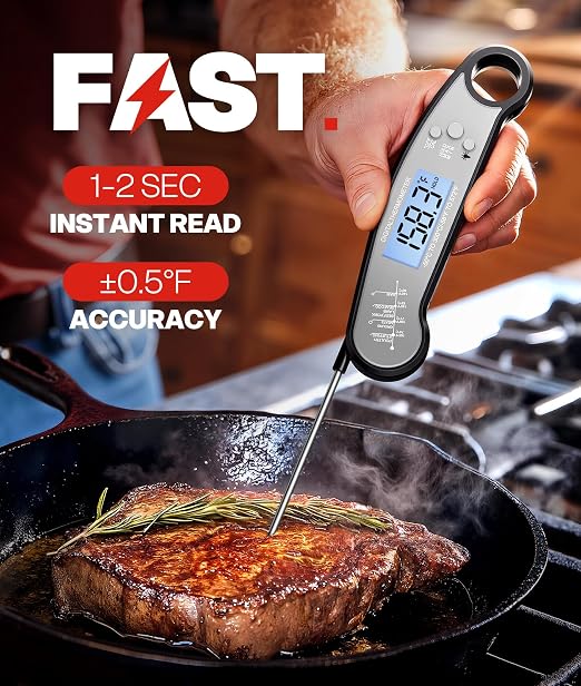 Meat Thermometer Digital – Instant Read Food Thermometer for Grilling, BBQ, Air Fryer, Smoker, Candy Making, Kitchen Gadgets, BBQ Essentials, Gift for Dad, Men, Black & Grey