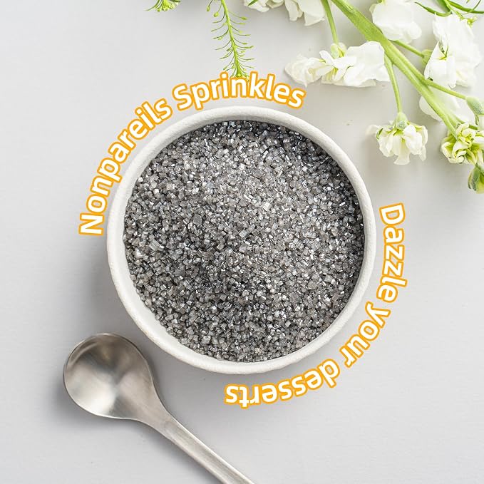 Sujoygar Silver Sanding Sugar Sprinkles, 5oz Edible Silver Grey Sugar Crystals for Cocktails, Cake Sprinkles for Chocolate Ice Cream Toppings Cupcake Decoration Wedding Party Cookies Baking Dessert Food Supplies