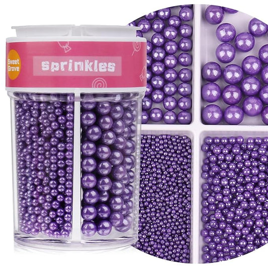 Purple Sprinkles for Cake Decorating, 7.8oz Edible Pearl Sprinkles, Sugar Candy Pearls for Baking, Cookie Decorations & Cupcake Topper, Wedding Party Halloween Supplies (Royal Purple, 4 Sizes)