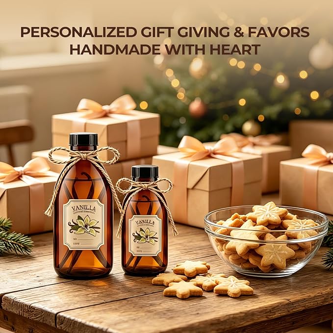 99 Pack 4oz Vanilla Extract Bottles with Caps and Labels | Bulk Boston Round Amber Glass Bottles for Wedding Favors, Homemade Gifts, Essential Oils & Potions - Airtight & Leakproof