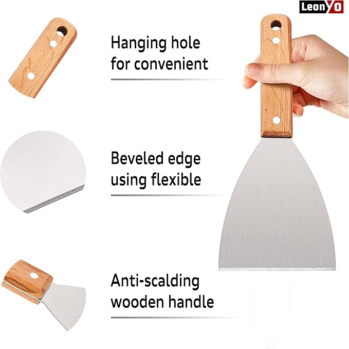 Leonyo Grill Griddle Scraper Set of 2, Stainless Steel Metal Flat Top Grill Scraper Tool for Dough Pancake Pizza Home Baking Cooking Teppanyaki BBQ, Wooden Handle