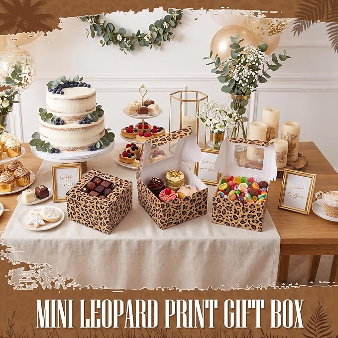 50 Pack Leopard Print Cookie Boxes with Window, Small Bakery Treat Boxes for Pastry Donuts Macaroon Cupcakes, Safari Birthday Wild Themed Party Baby Shower Favors