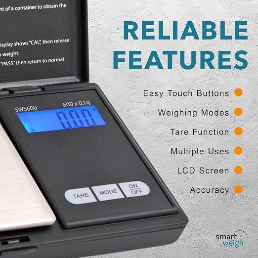 Smart Weigh SWS600 Elite 600g x 0.1g Digital Gram Scale, Pocket Sized Jewelry, Nutrition Kitchen, and School Scale, Slim Design, Black