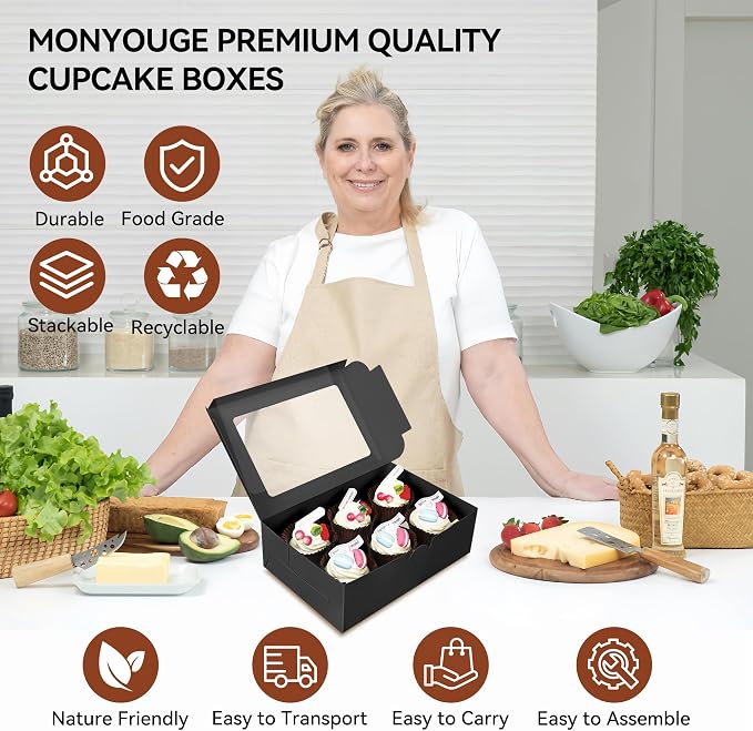 10-Set Cupcake Boxes Bulk with Clear Display Window Hold 6 Standard Cupcakes, Disposable Food Grade Black Cupcake Carrier Cupcake Container, Perfect for Cupcakes Muffins Cookies Pastries