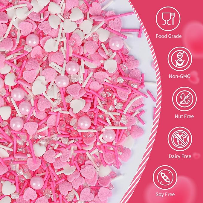 Edible Heart Sprinkles,Pink White Sprinkles -130g,Edible Heart Shaped Sprinkle,Pearl,Jimmies and Sugar Crystals Mix for Baking,Light Pink Cupcake Toppers,Cake,Candy,Cookie Decorations,Donuts Ice Cream Dessert Decorating,Wedding Birthday Party Supplies