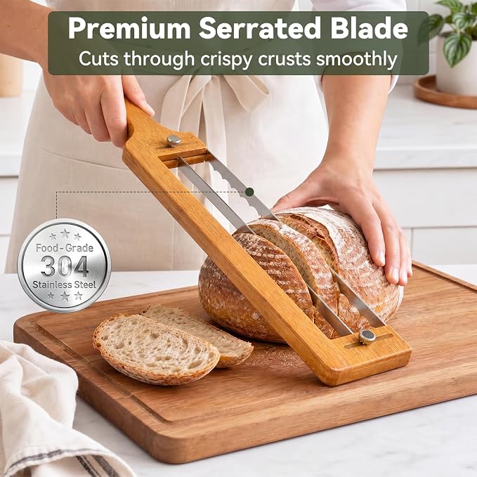 Adjustable Bread Knife with 3 Cheese Knives & Butter Knives, Adjustable Bread Slicer for Homemade & Sourdough Bread, Sandwich Bread Slicer with Thickness Guide, Serrated Bread Bow Knife