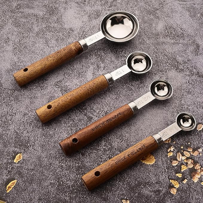 8 pieces Silvery Measuring Cups Set and Measuring Spoons Set with Scale, BRIIEC Wooden Handle Stainless Steel Dry & Liquid Measuring Cup for Cooking Baking