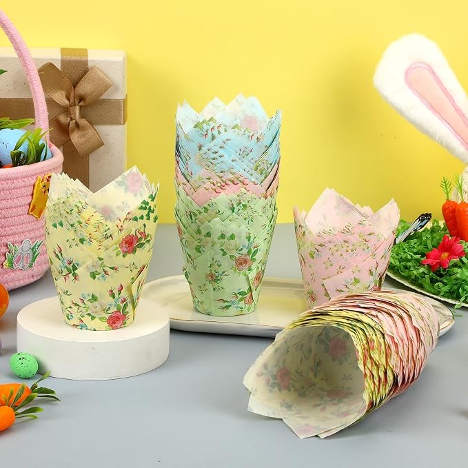 AUGSHY Floral Tulip Cupcake Liners, 200Pcs Flower Paper Muffin Baking Cups | Greaseproof Paper Cupcake Wrappers, Cake Dessert Decorations, Spring Easter Baby Shower Birthday Wedding Tea Party Supplies