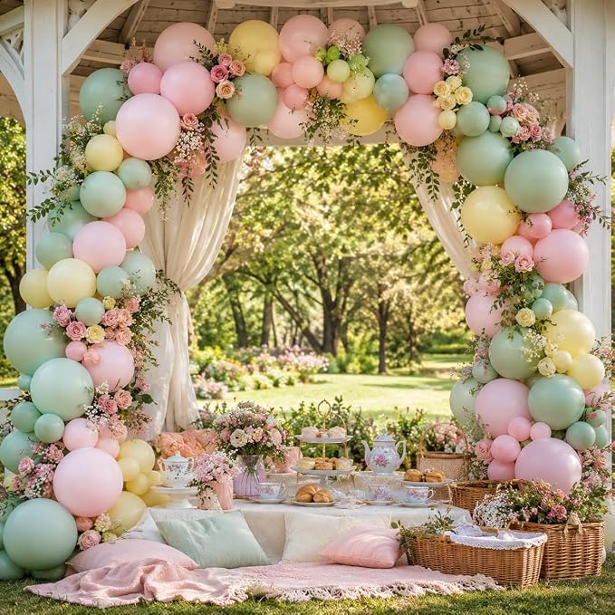 Pink and Green Balloon Arch Kit, 122Pcs Dusty Green Macaron Pink Yellow Matte Balloons for Girls Flower Birthday Bridal Wedding Engagement Floral Baby Shower Anniversary Tea Party Decorations