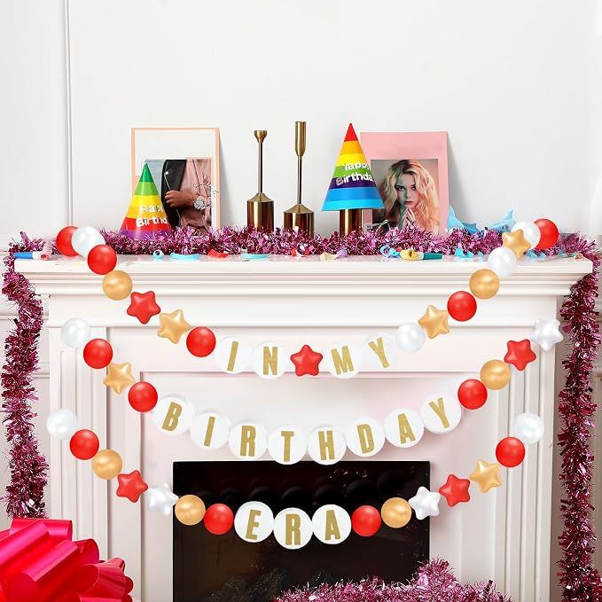 Simgoing 103 Pcs DIY Giant Friendship Bracelet Lei Kit Extra Large Beads Garland Jumbo Birthday Friendship Banner Kit Famous Singer Customizable Party Decor for Classroom(Red White Gold)