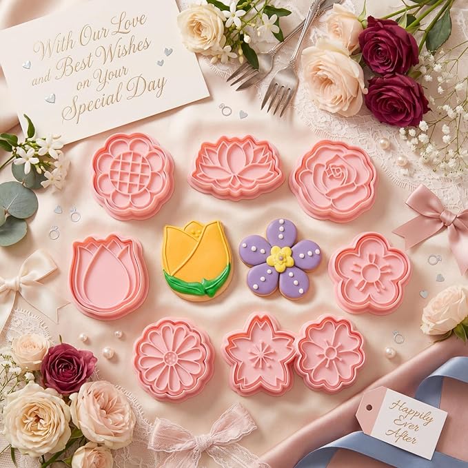 Vesici 8 Pcs Small Flower Cookie Cutter Set 2 Inches with Plunger Stamp 3D Lotus Rose Daisy Sunflower Cookie Stamps for Wedding Bridal Shower Graduation Summer Party Decorating Baking Supplies