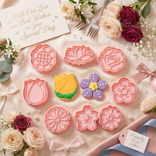 Vesici 8 Pcs Small Flower Cookie Cutter Set 2 Inches with Plunger Stamp 3D Lotus Rose Daisy Sunflower Cookie Stamps for Wedding Bridal Shower Graduation Summer Party Decorating Baking Supplies