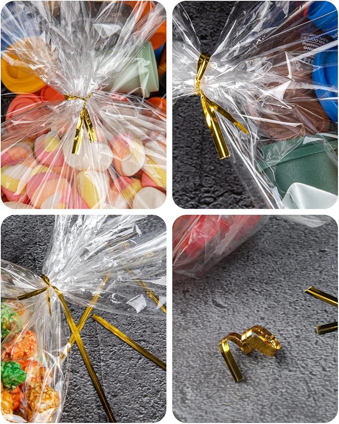 CUDICY 100pcs Cellophane Bags 10x14 Cellophane Wrap Goodie Bags Large Clear Gift Bag Party Favors Bag Clear Treat Bag with Ties Plastic Gift Wraps Packaging Wraps for Cookie Candy (No Gusset)