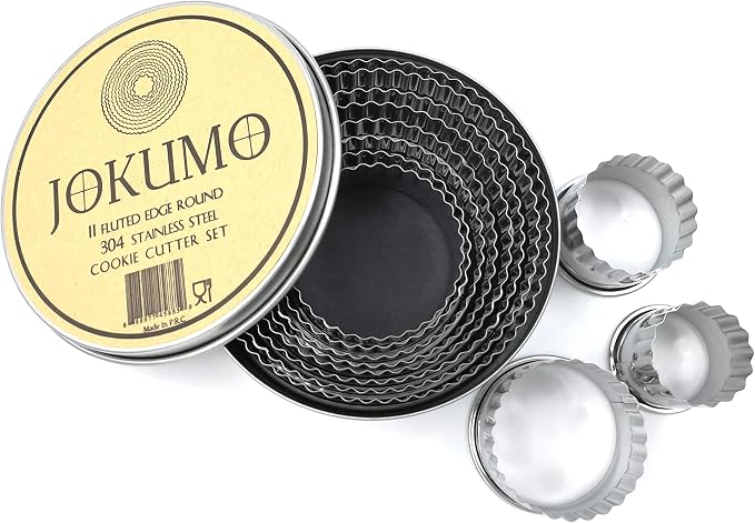 11 Piece Graduated Sizes Fluted Edge Round Pastry/Cookie Cutter Set Heavy Duty 18/8 304 Stainless Steel – Metal Engrave Size –Tin Storage Box for Scones, Pastries, Baking, Desserts, Muffins,