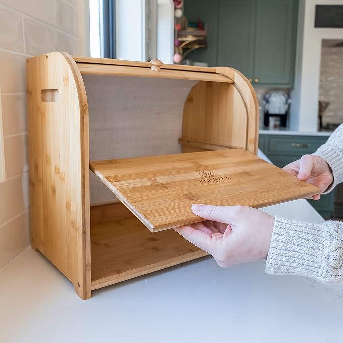 Bread Box & Bread Slicer, Bread Box for Kitchen Countertop. Roll Top, Bread Tong, 2 Layer Bread Box, Double Breadbox Bread Storage, Extra Large Bread Container
