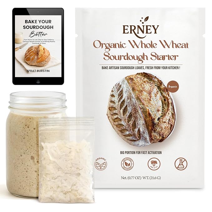 ERNEY Dehydrated Organic Whole Wheat Sourdough Starter 21.6 g Per Sachet for Bread Making - Perfect Rise Organic Whole Wheat Sourdough Bread Flour with Instruction - Versatile Homemade Pastry Flour Perfect for Artisan Loaf Pizza Muffins