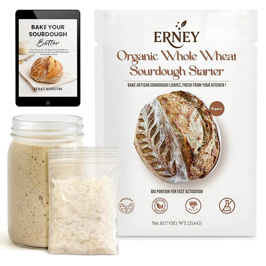 ERNEY Dehydrated Organic Whole Wheat Sourdough Starter 21.6 g Per Sachet for Bread Making - Perfect Rise Organic Whole Wheat Sourdough Bread Flour with Instruction - Versatile Homemade Pastry Flour Perfect for Artisan Loaf Pizza Muffins