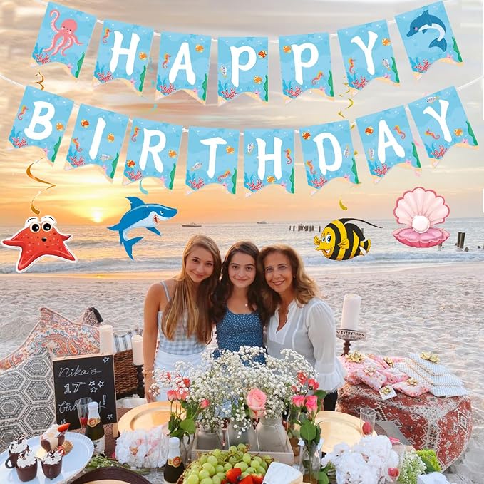 Zwiebeco Sea Animals Happy Birthday Party Decoration Banner Bunting Garland Hanging Paper Swirls Kit for Ocean Under The Sea Animals Marine Life Themed Boys Girls Kids Accessories Supplies