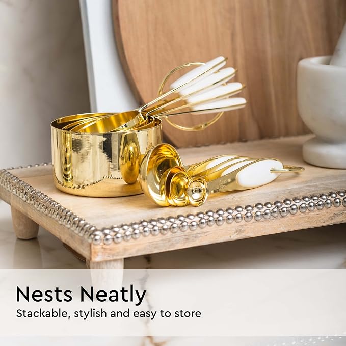 White and Gold Measuring Cups and Spoons Set – 8-Piece Stackable Stainless Steel Measuring Set – Stylish Gold Kitchen Accessories for Precise Baking and Cooking, Ideal Gift for Bakers and Chefs