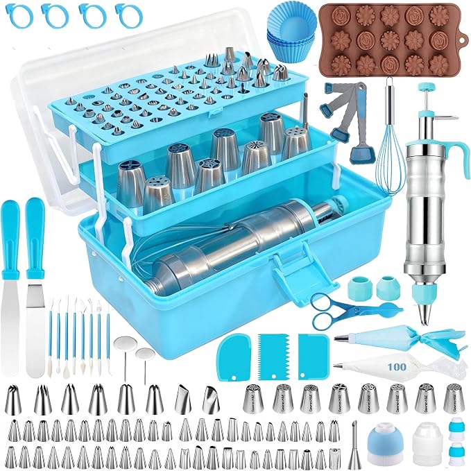 Gawren-H&E 208 PCS Cake Decorating Kit,Baking Supplies with Dessert Decorating Syringe Set,Storage Case,Icing Piping Bags and Tips Set For Cookies, Cupcake & Cake Decorating Supplies for Beginners