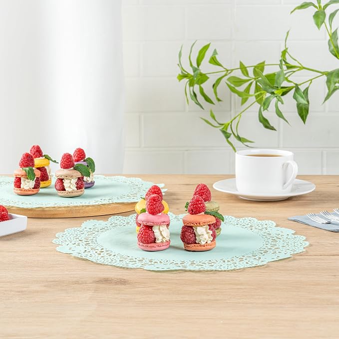 Pastry Tek 12 x 12 Inch Paper Lace Doilies, 100 Disposable Table Doilies - Elegant Lace Finish, Long Lasting, Teal Paper Doily, for Pastries, Cupcakes, Desserts - Restaurantware