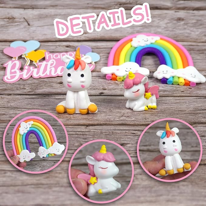 18 PCS Unicorn Cake Topper, Unicorn Rainbow Cake Decorations with Rainbow Stars Unicorn Foil Firework Balls Happy Birthday Cake Decorations (Style 1)