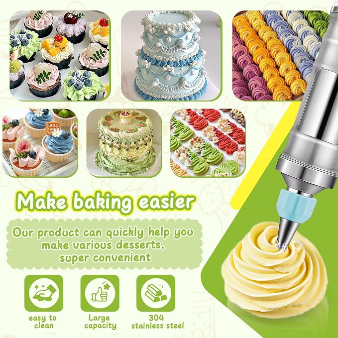 NOVANO Dessert Decorating Syringe Set, Blue | Frosting Piping Kit, Stainless Steel, 54 Piping Tips, 9 Silicone Cupcakes