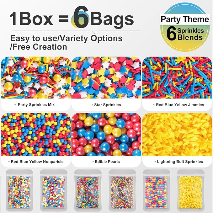 HUEBEATY 6-in-1 Cartoon Party Sprinkles for Cake Decorating – 180g Red Blue Yellow Cake Sprinkles with Flash Lightning Bolt Confetti, Jimmies, Nonpareils, Stars & Pearls – Edible Cakes, Cupcakes, Cookies & Ice Cream Topper Decorations (Primary)