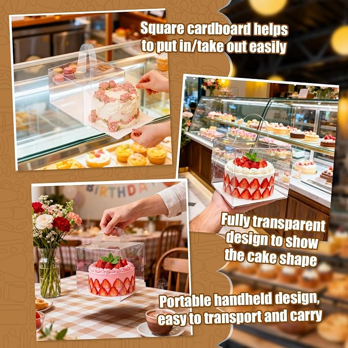 6PCS 6x6x5Inch Clear Cake Boxes - RAINFLOW Mini Clear Gift Box with Portable Carry Handle & Boards,Transparent Treat Boxes Hold Cake,Donut,Pastries,Cookies for Wedding, Birthday, Christmas, Party