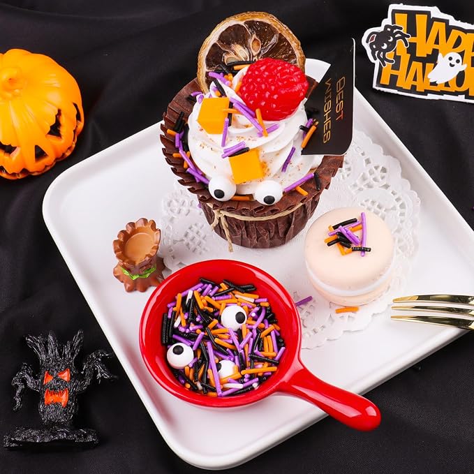 Halloween Sprinkles, Black Orange Purple White Jimmies with Edible Candy Eyes for Cake Decorating, 4.6oz Cookie Cupcake Decorations for Spooky Halloween Baking & Party Treats