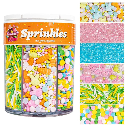 Twisweet Pastel Sprinkles 6-Cell 6.7oz, Edible Sugar Sprinkles Variety Pack for Cake Decorating, Jimmies Nonpareils Sanding Sugar & Candy Shapes, Cupcake Toppers for Birthday, Baby Shower, Cookies