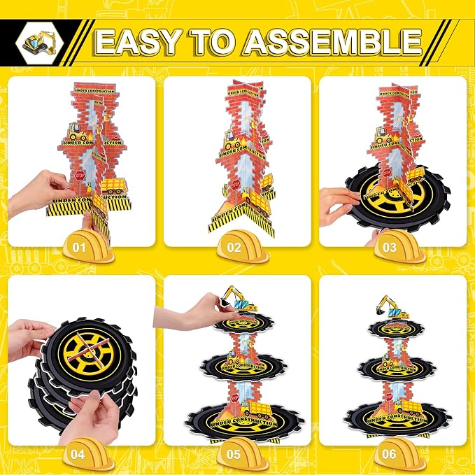 2 Pack Construction Birthday Decorations Party Supplies Favors: 3 Tier Building and Construction Vehicles Theme Cup Cake Stand with Topper, Waterproof Cardboard Cupcake Stand, High Stability
