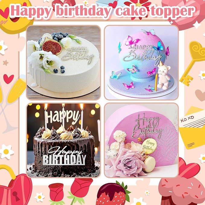 6Pcs Cake Toppers Happy Birthday Acrylic Cake Topper Happy Birthday Cake Sign Picks Happy Birthday Cake Decorations Cake Stick Decor for Celebrating Birthday Anniversary Party(Silver)