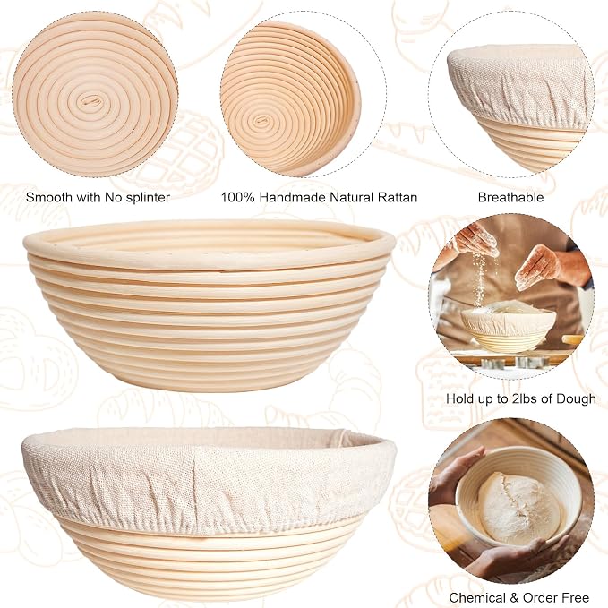 Bread Proofing Basket Set of 2,9 Inch Round Sourdough Bread Baskets Bowls with Bread Lame Bread Making Tools Supplies for Sour dough Baking Fermentation