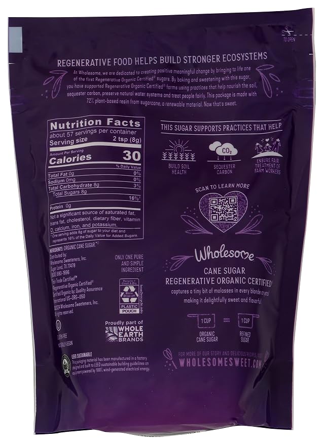 Wholesome Sweeteners 16-Ounce Organic Cane Sugar, Fair Trade, Non GMO, Gluten Free, Pure & Vegan, for Baking and Sweetening, 1 Pack