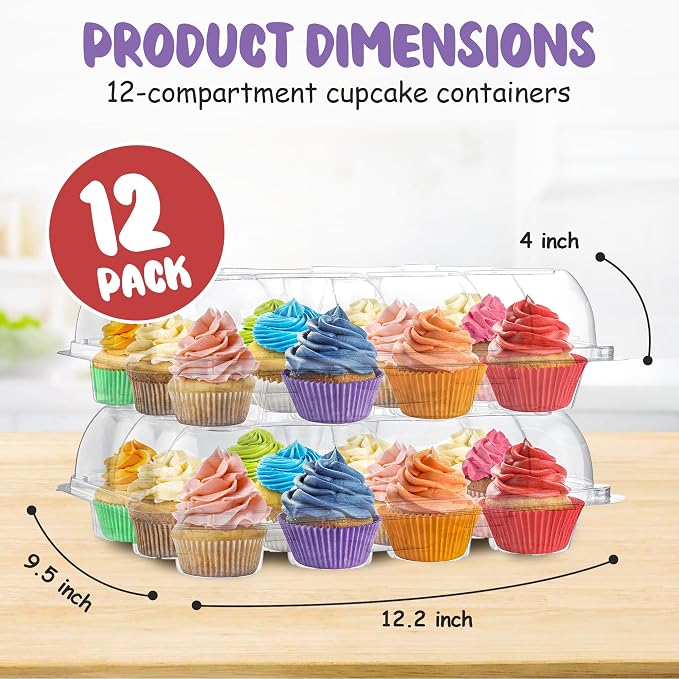 Plastic Cupcake Containers Boxes | 12 Compartment – 12 Pack | Disposable High Dome Dozen Clear Cupcake Holder with Detachable Lid Bulk | Extra Sturdy Stackable Cup Cake Carrier Holders Muffin Boxes