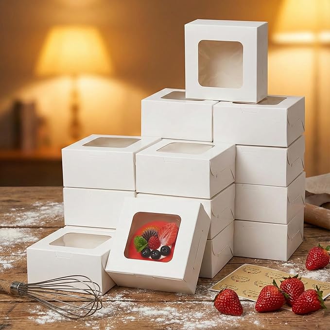 Zzrywuty 50 Packs 5x5x2.5in White Cookie Boxes, Bakery Boxes with Window, Mini Cake Boxes, Food Container Boxes for Cookies, Pastry, Pie, Strawberries, Donuts, Candy, Desserts, Small Cake